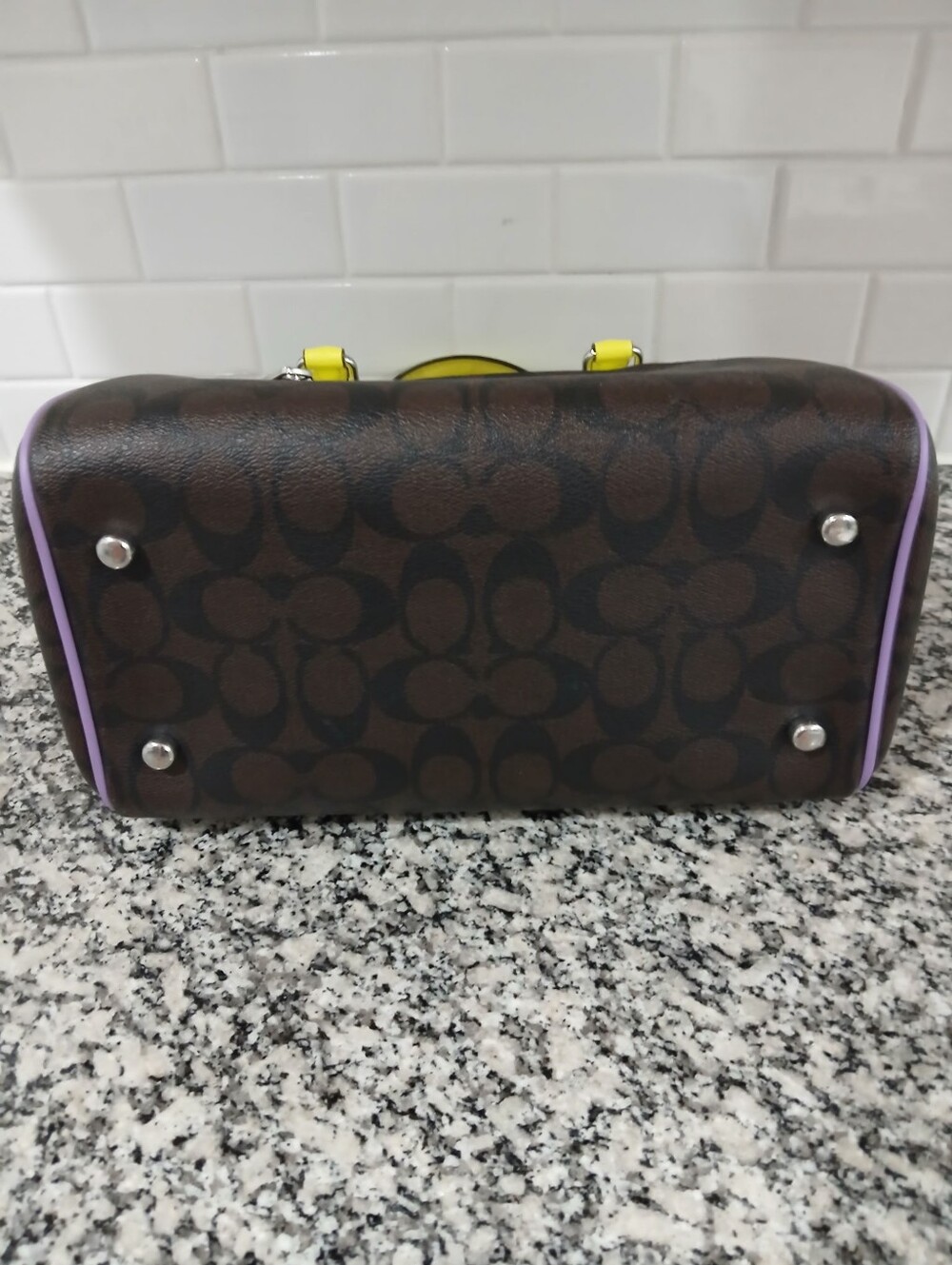 Coach Brown Signature Satchel with Neon Yellow Handles & Orange Trim - Picture 6 of 6